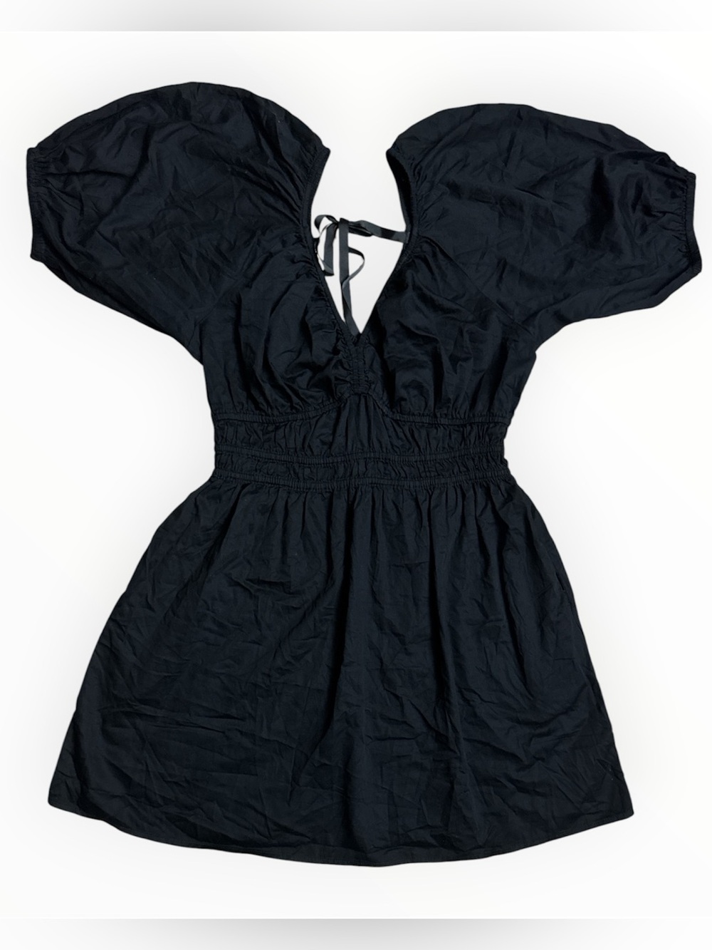 Old Navy Black Cotton Mini Dress Women’s M Puff Sleeve Tie Back Casual
